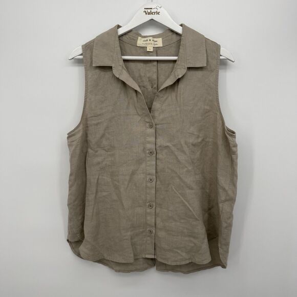 cloth & stone Tops - Cloth & Stone Taupe Tan Linen Collared Tank Top Sleeveless Size Large Boho